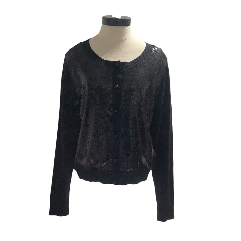 WORTHINGTON Black Sequin Button-Up Sweater | Size L